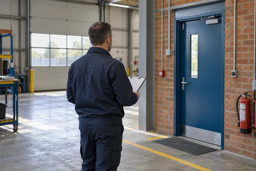 Assessor reviewing an escape route inside a commercial workshop