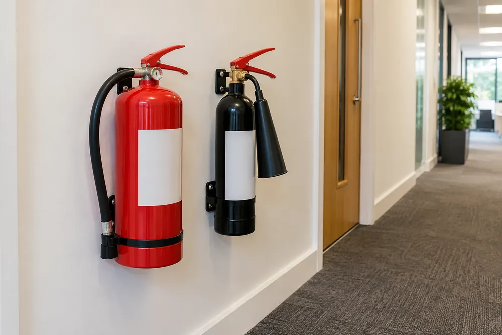 Wall-mounted portable extinguishers in an office corridor