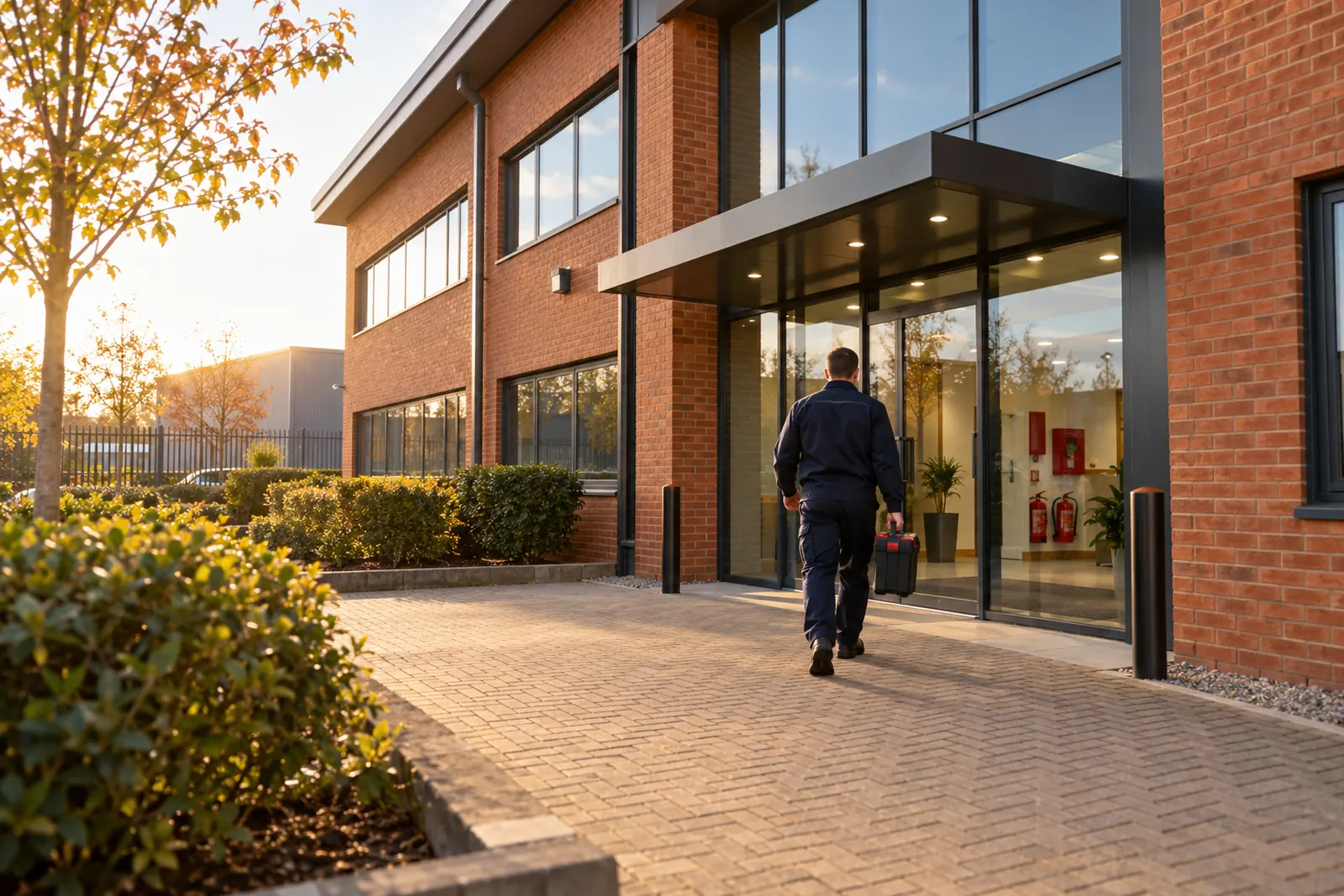 Fire safety engineer approaching the entrance to a UK commercial building