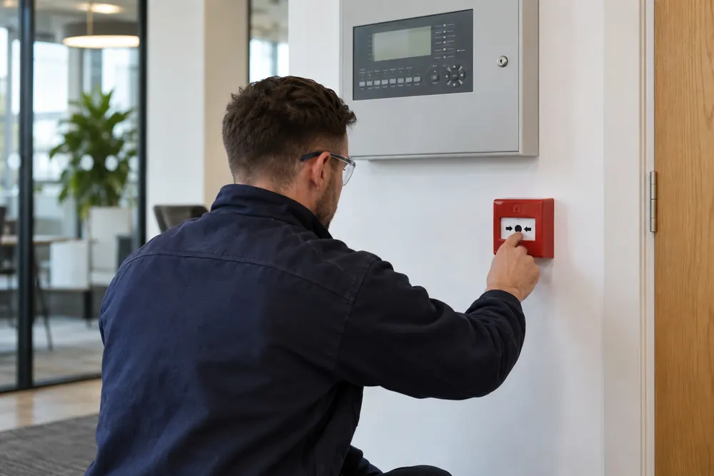 Engineer checking a manual fire alarm call point