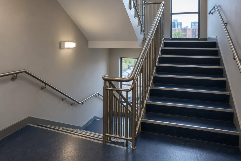 Emergency lighting in a commercial stairwell with clear handrails