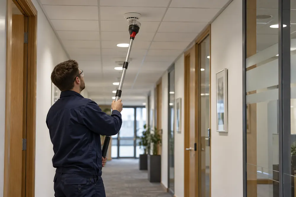Engineer using a telescopic detector test pole in an office